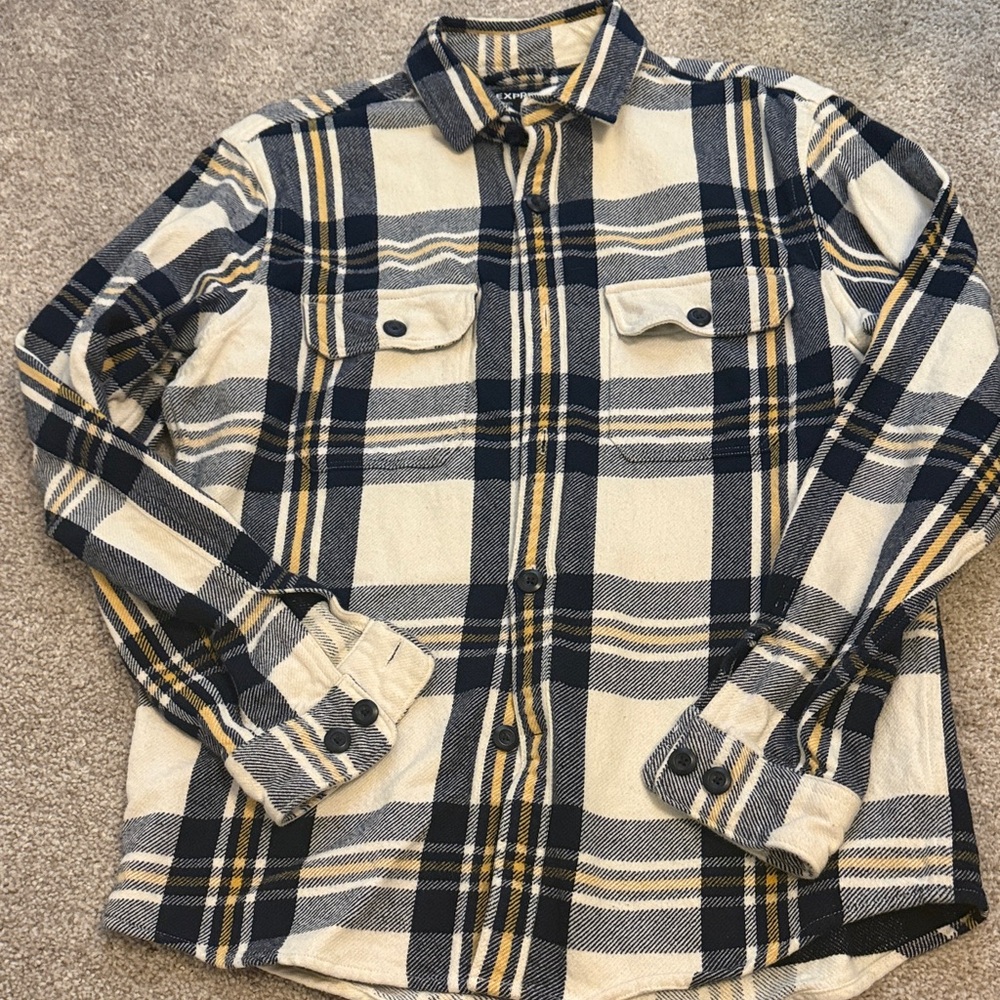 Express Men’s Plaid Button-Down Flannel Shirt in Navy, Cream & Yellow